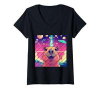 Womens Funny Graphic Capybara Selfie with UFOs Weird Kawaii Anime V-Neck T-Shirt