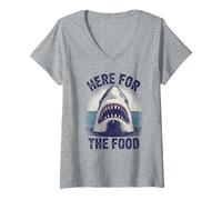 Womens Funny Great White Here for The Food Vintage Shark Graphic V-Neck T-Shirt