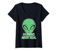 Womens Funny Green Alien with 'Humans aren't Real' V-Neck T-Shirt