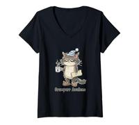 Womens Funny Grumpurr Awakens Sleepy Cat Lazy Mood Morning Energy V-Neck T-Shirt