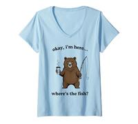 Women's Funny Grumpy Bear Fishing Coffee Humor Illustration V-Neck T-Shirt