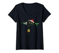Womens Funny Grumpy Black Cat Christmas Meh People Xmas V-Neck T-Shirt