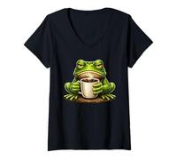 Women's Funny Grumpy Frog Drinking Coffee V-Neck T-Shirt