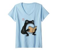 Womens Funny Grumpy Frog Reading Book Kawaii Ink Painting Japanese V-Neck T-Shirt
