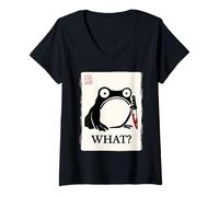 Womens Funny Grumpy Frog Sumi-e Kawaii Ink Painting Japanese V-Neck T-Shirt