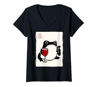 Womens Funny Grumpy Frog Wine Music Kawaii Japanese V-Neck T-Shirt