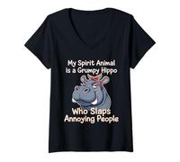 Womens Funny Grumpy Hippo who slaps annoying people Hippopotamus V-Neck T-Shirt