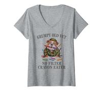 Women's Funny Grumpy Old Vet NO Filter Crayon Eater Eat Grandpa BOD V-Neck T-Shirt