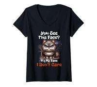 Womens Funny Grumpy Saying I Don't Care About My Face Cheeky Cat V-Neck T-Shirt