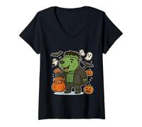 Womens Funny Halloween Capybara Frankenstein Monster Graphic V-Neck T-Shirt