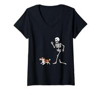 Women's Funny Halloween Cavalier King Charles Spaniel and Skeleton V-Neck T-Shirt