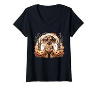 Womens Funny Halloween Dachshund Dog Lover Spooky Season Doxie V-Neck T-Shirt