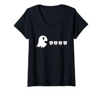 Womens Funny Halloween Dentist Squad Retro Ghost Eats Teeth Game V-Neck T-Shirt