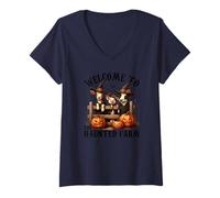 Womens Funny Halloween Farm Animals Welcome to The Haunted Farm V-Neck T-Shirt