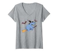 Womens Funny Halloween Hippo Witch Flying on a Broom V-Neck T-Shirt