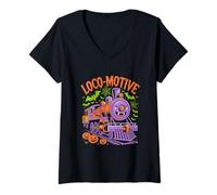 Womens Funny Halloween Loco-Motive Ghost Train V-Neck T-Shirt