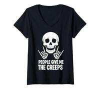 Womens Funny Halloween People Give Me The Creeps Skeleton Skull V-Neck T-Shirt