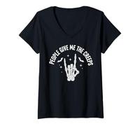 Womens Funny Halloween People Give Me The Creeps Skeleton Skull V-Neck T-Shirt