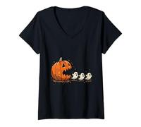 Womens Funny Halloween Pumpkin vs Ghosts Spooky Trick or Treat V-Neck T-Shirt