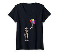 Women's Funny Halloween Skeleton Holding Colourful Party Balloons V-Neck T-Shirt