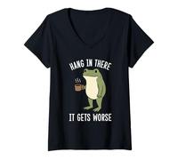 Women's Funny Hang in There It Gets Worse Frog V-Neck T-Shirt