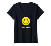 Women's Funny Happy Face I Hate It Here V-Neck T-Shirt