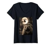 Womens Funny Hedgehog Selfie with Full Moon Flying Witch Halloween V-Neck T-Shirt
