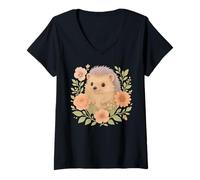 Womens Funny Hedgehog With Flowers Cute Floral Forest Animal Nature V-Neck T-Shirt
