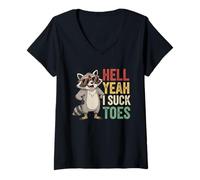 Womens Funny Hell Yeah I Suck Toes Raccoon Meme Saying Retro Humor V-Neck T-Shirt