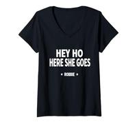 Womens Funny Hey Ho Here She Goes Shirt - Personalized Name Robbie V-Neck T-Shirt