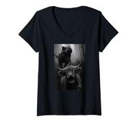 Womens Funny Highland Cow Dinosaur Trex Selfie Animal Lover V-Neck T-Shirt