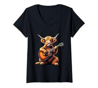 Womens Funny Highland Cow Playing Guitar Design for Music Lovers V-Neck T-Shirt