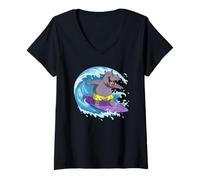 Women's Funny Hippo is Surfing an Ocean Wave 1 - Fan Fun V-Neck T-Shirt