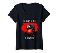 Womens Funny Holiday Mode Activated Christmas Cat Design V-Neck T-Shirt