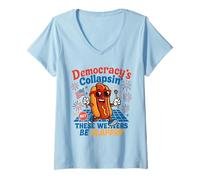 Womens Funny Hot Dog Democracy's Collapsing 4th July V-Neck T-Shirt