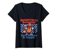 Womens Funny Hot Dog Democracy's Collapsing 4th July V-Neck T-Shirt