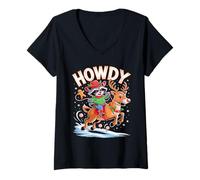 Womens Funny Howdy Christmas Raccoon Cowboy Riding Reindeer V-Neck T-Shirt