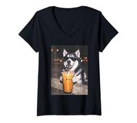 Women's Funny Husky Drinking Iced Coffee Siberian Husky Meme V-Neck T-Shirt
