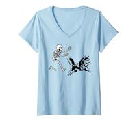 Womens Funny Husky Running Skeleton Halloween V-Neck T-Shirt