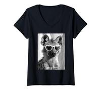 Women's Funny Hyena with Hearts Sunglasses Cute Hyaena Animal Meme V-Neck T-Shirt