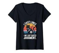 Women's Funny I Cast Lines My Cat Casts Judgment Fishing V-Neck T-Shirt