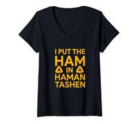 Womens Funny I Put The Ham in Hamantashen Purim Party Queen Esther V-Neck T-Shirt