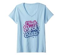 Women's Funny I Teach Rock Stars Teacher Band Camp Choir Inspire Gym V-Neck T-Shirt