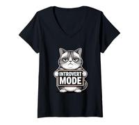 Women's Funny Introvert Mode Cat Humor V-Neck T-Shirt