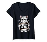 Women's Funny Introvert Mode Cat Humor V-Neck T-Shirt