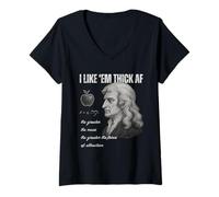 Womens Funny Isaac Newton I Like Em Thick AF Physics & Gravity Pun V-Neck T-Shirt