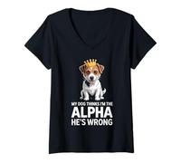 Womens Funny Jack Russel - My Dog Thinks I’m The Alpha - He's Wrong V-Neck T-Shirt