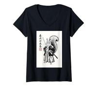 Women's Funny Japanese Anime Style Samurai Warrior Red Squirrel V-Neck T-Shirt