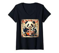 Women's Funny Japanese Panda Eating Ramen Noodles V-Neck T-Shirt