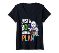 Womens Funny Just A Boo With A Plan Cute Halloween V-Neck T-Shirt
